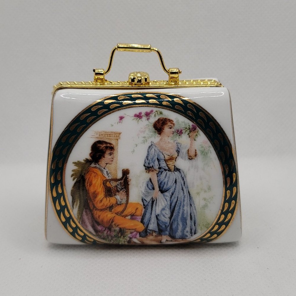 Vintage Miniature Porcelain Lovers Trinket Box, Suitcase, Purse Shape